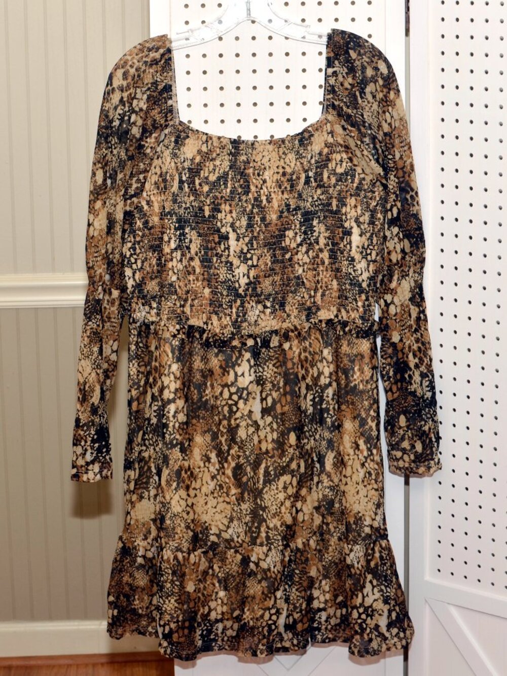 Cato XL Snakeskin Mesh Smocked Tiered Ruffle Mini Dress, Sheer Long Sleeves